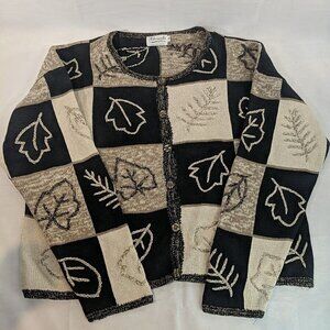 Fiberworks Hand Embroidered Brown Leaves Knit Cardigan Sweater Button M Black